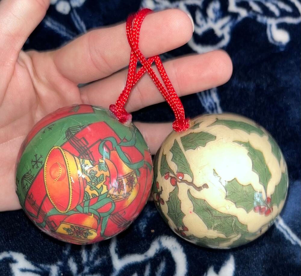 Vintage Set of 2 Paper Mache Decoupage Christmas Ornaments